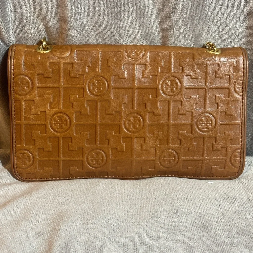 Tory Burch Tan Embossed Leather Bag with Gold Chain
